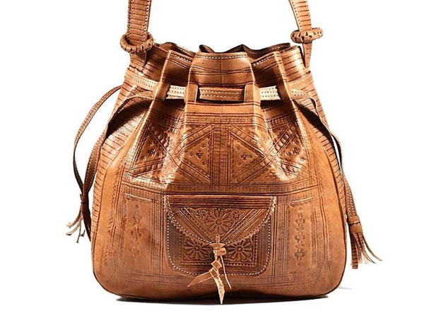 Bohemian Morocco Leather Bag - Brown Caramel | Leather Bucket Tote by Moroccan Corridor