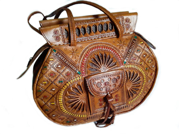 Flower of Tetouan - Camel | Oval Leather Tote by Moroccan Corridor X-Large