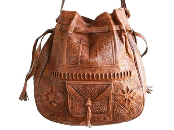 Bohemian Morocco Leather Bag - Brown Caramel | Leather Bucket Tote by Moroccan Corridor