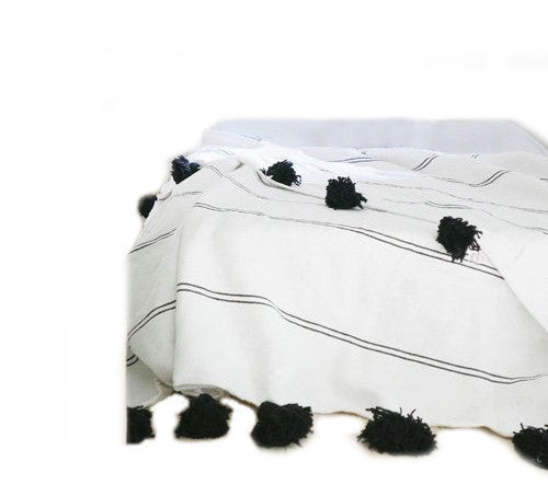 White with double Black Stripes Pom Pom Blanket Souss