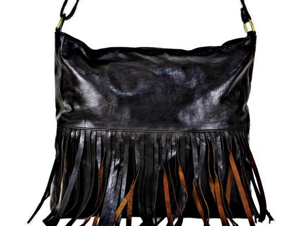 Handcrafted Black Leather Hobo-Style Boho Chic Shoulder Bag - Relaxed Chic  in Black