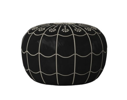 Moroccan Leather Ottoman with Arch Design - Black and White