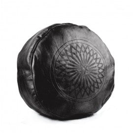 Moroccan Leather Ottoman - Black Tabouret Pouf