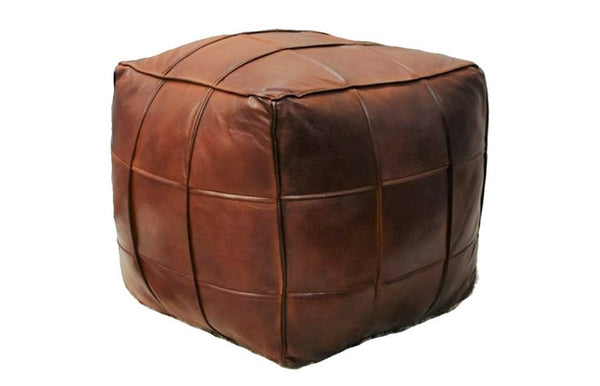 Moroccan Leather Ottoman - MOSAIC Design - 9 Squares - Brown Caramel