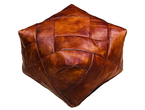 Moroccan Leather Ottoman - ZIGZAG Design - Tan