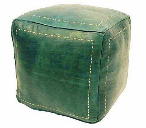 Moroccan Leather Pouf / Ottoman - Square - Green - Salwa
