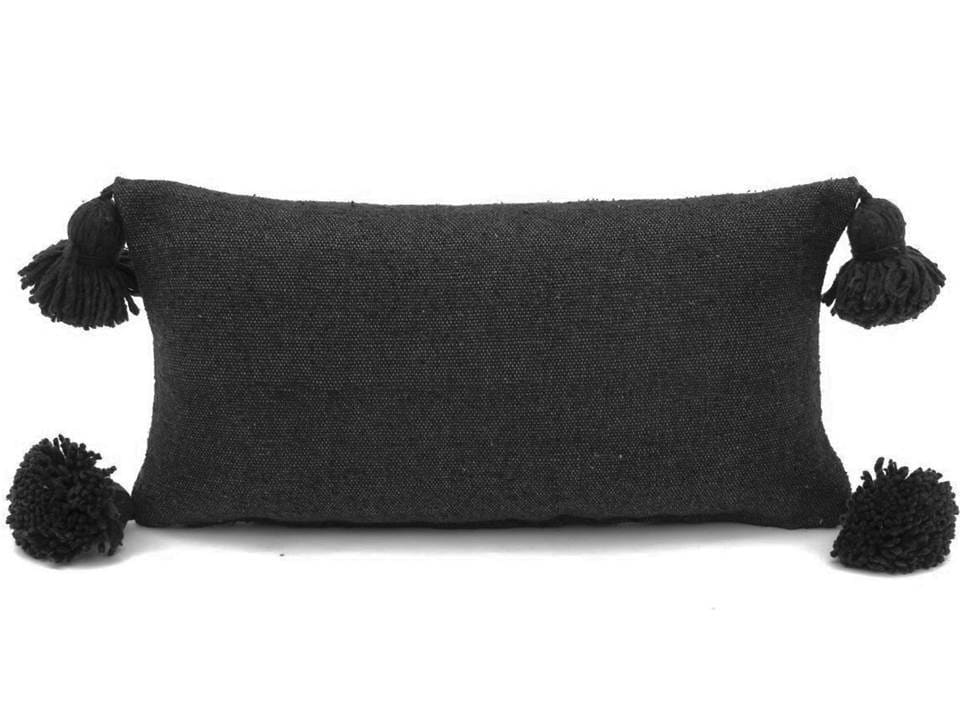 Moroccan PomPom Lumbar Pillow - White with Black Pom Poms